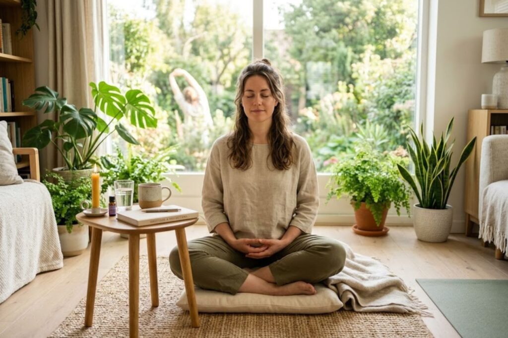 Person practicing relaxation techniques to reduce stress and anxiety