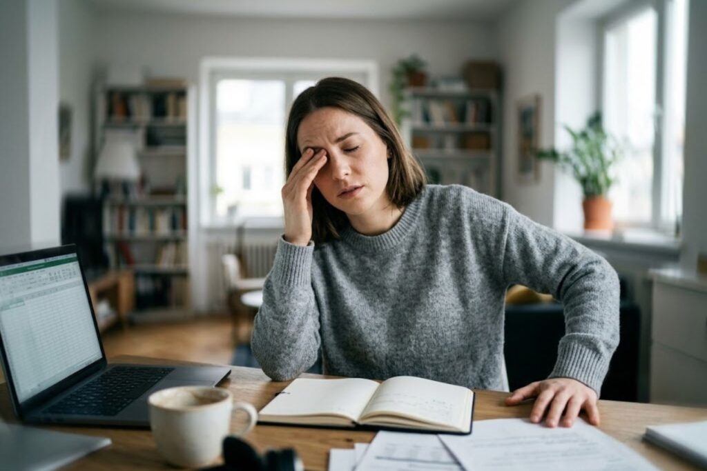Person experiencing anxiety-related dizziness while sitting and practicing calming breathing techniques