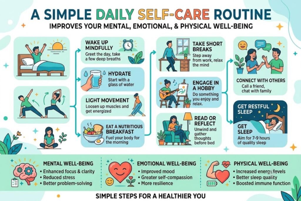 Person practicing a balanced daily self-care routine with journaling, hydration, stretching, and mindfulness