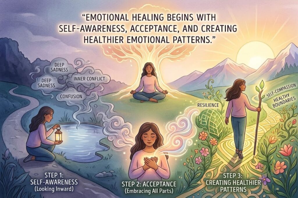 Person practicing emotional healing and self-reflection while finding inner peace in nature