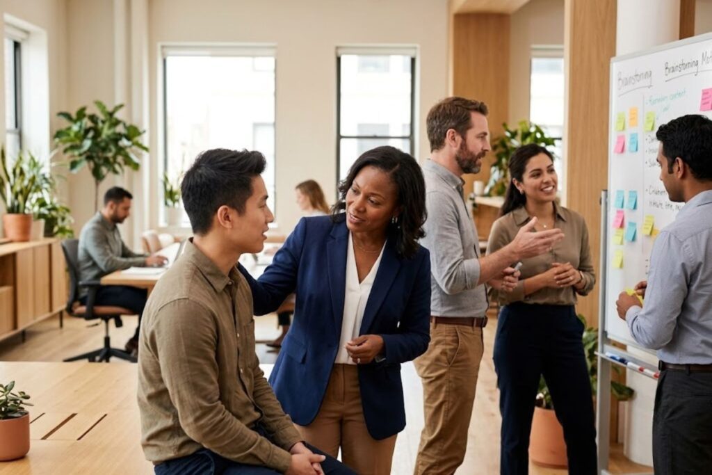 Professionals demonstrating emotional intelligence through collaborative teamwork
