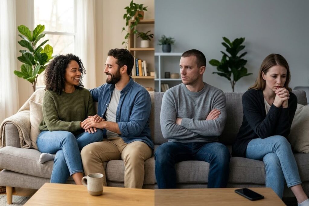 Comparison showing healthy vs unhealthy relationships through communication, trust, and emotional connection