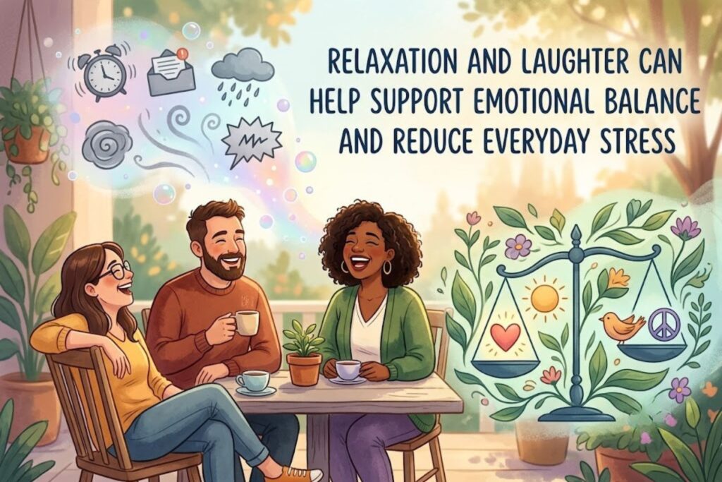 Person relaxing and laughing to reduce stress during a busy workday