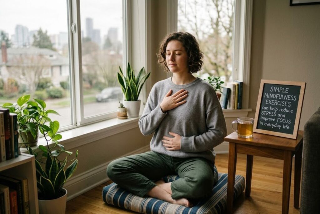 Person practicing mindfulness exercises to reduce stress and improve focus at work