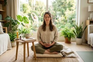 Person practicing relaxation techniques to reduce stress and anxiety
