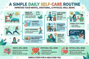 Person practicing a balanced daily self-care routine with journaling, hydration, stretching, and mindfulness