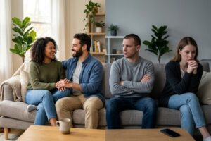 Comparison showing healthy vs unhealthy relationships through communication, trust, and emotional connection