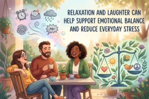 Person relaxing and laughing to reduce stress during a busy workday